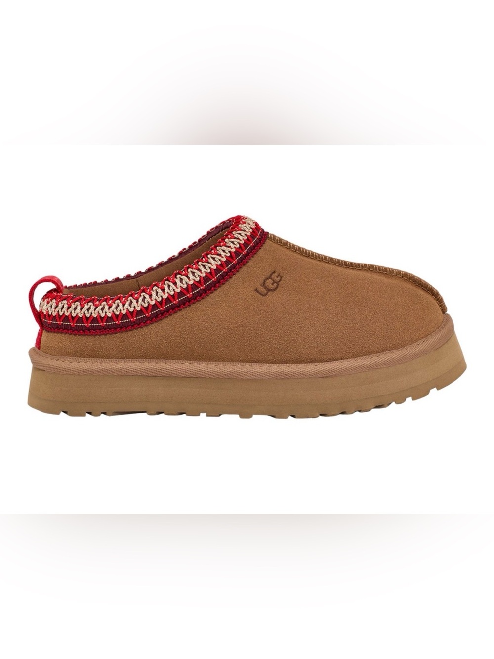 UGG Men's Chestnut Suede Slip-On with Red and Cream Trim